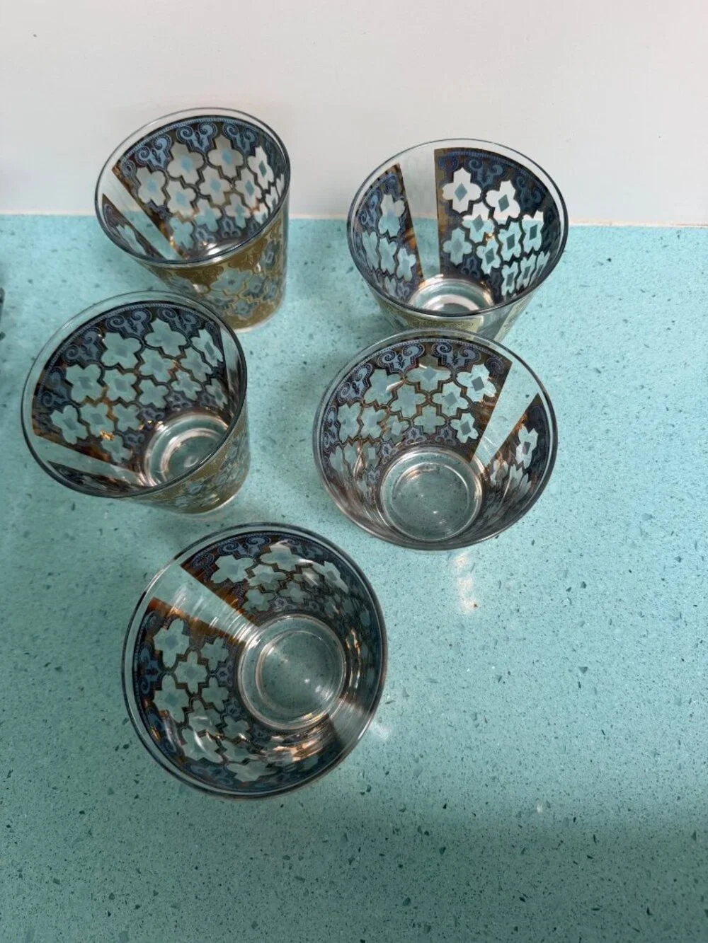 Culver Set of 5 MCM Seville 22K Gold Lattice Cocktail Glass Blue Vintage Rare